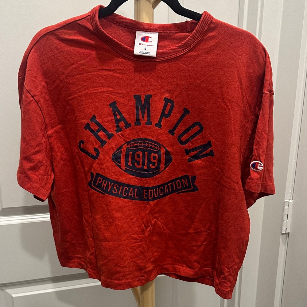 Champion Red Graphic Crop T-Shirt with Navy Print